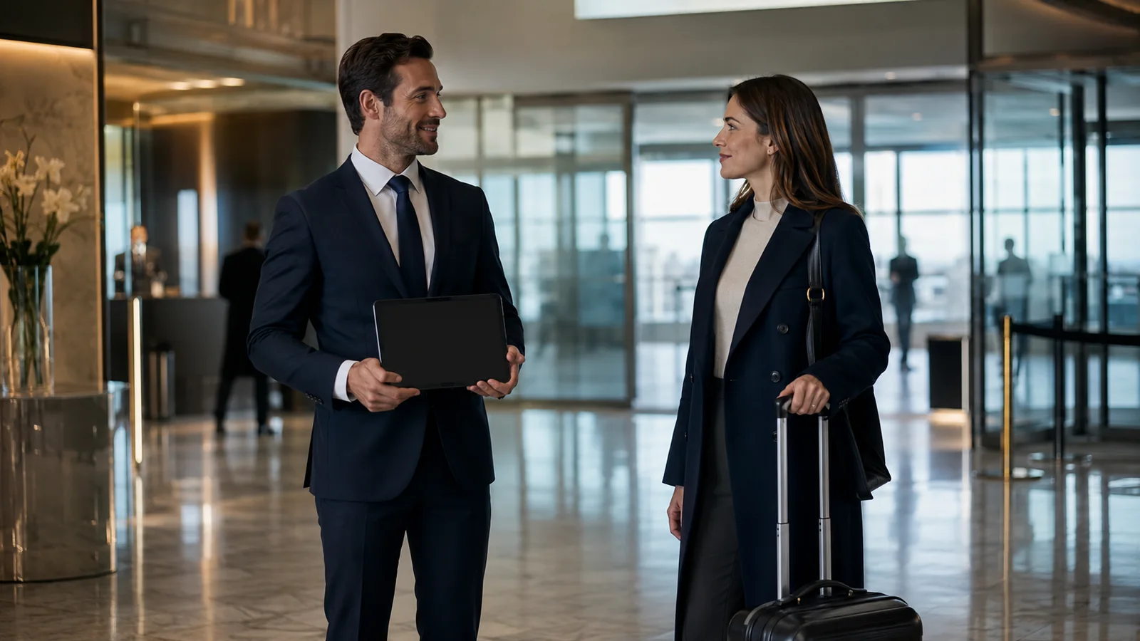 Chauffeur privé accueillant une voyageuse dans un terminal d’aéroport