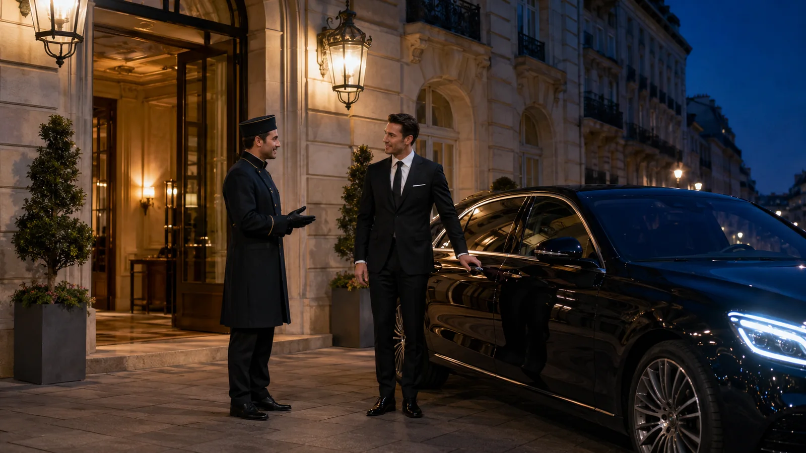 Concierge et chauffeur coordonnant un accueil devant un hôtel parisien