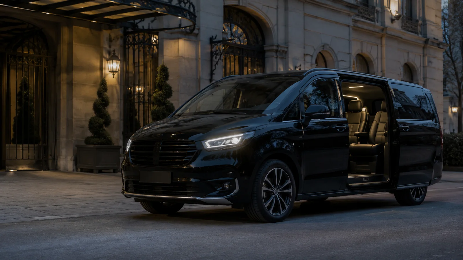 Van premium noir avec porte coulissante ouverte