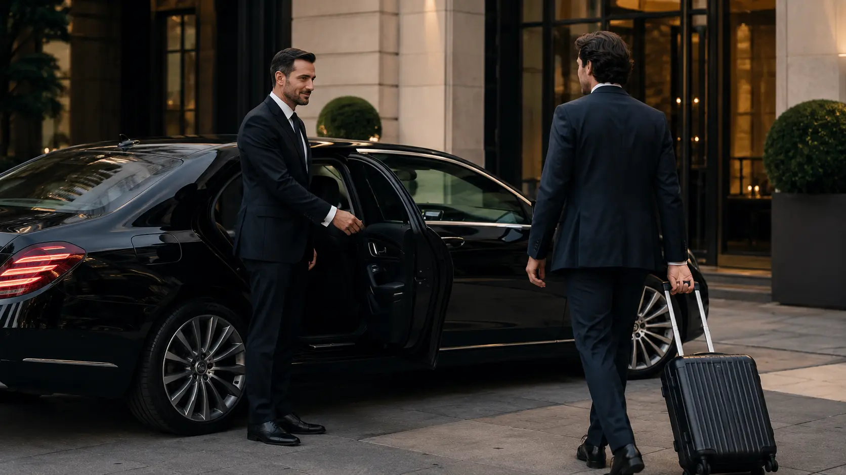 Chauffeur professionnel accueillant un voyageur d’affaires