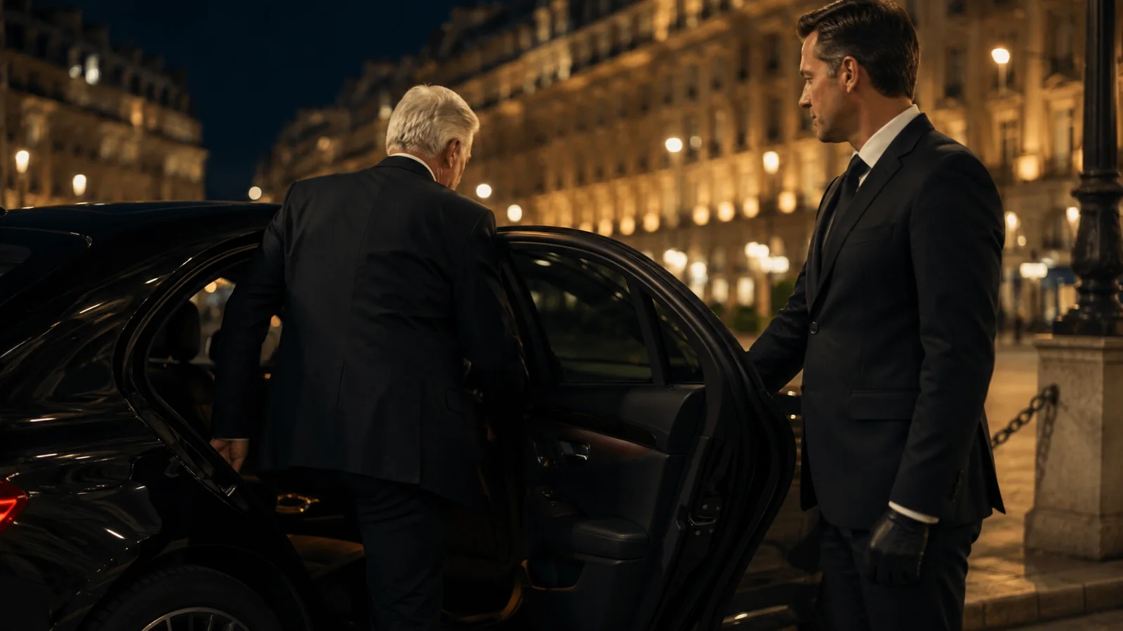 Voyageur entrant discrètement dans un véhicule avec chauffeur à Paris